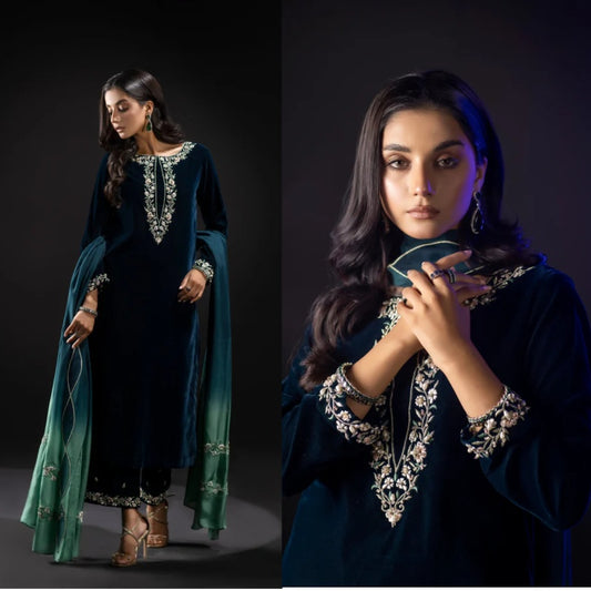 3PCS Embroidered Velvet Dress with Embroidered Karandi Shawl Velvet Winter Collection 7002