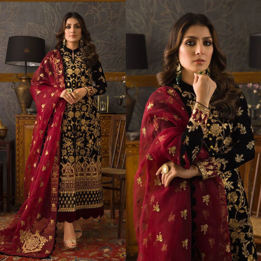 3PCS Velvet Embroidered Shirt With Organza Embroidered Dupatta Velvet Winter Collection 299