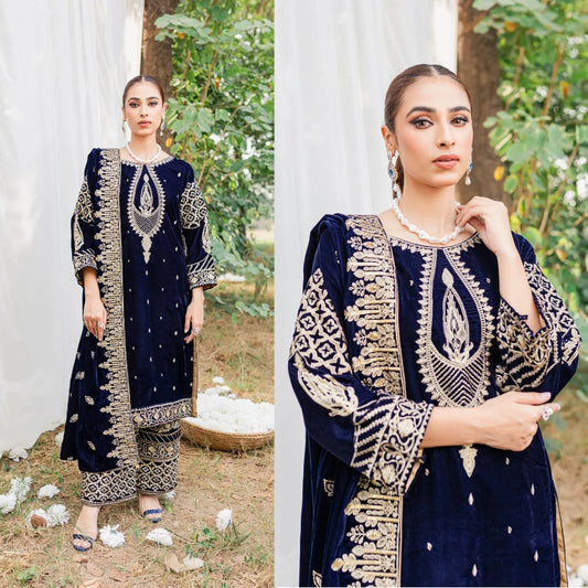 3PCS Velvet Embroidered Dress With Velvet Embroidered Shawl Velvet Winter Collection 967