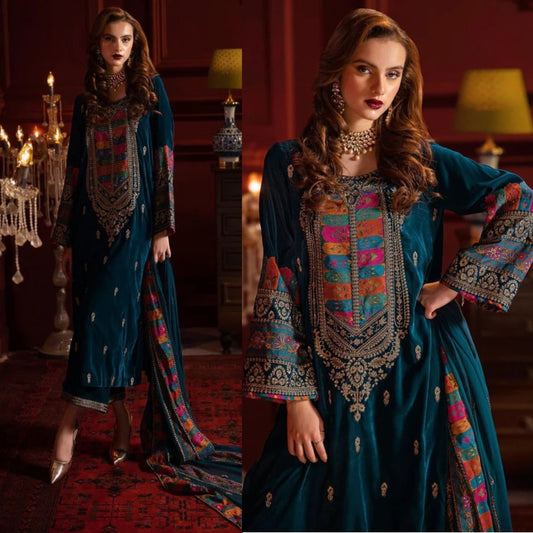 3PCS Embroidered Velvet Dress with Printed Velvet Winter Collection 744