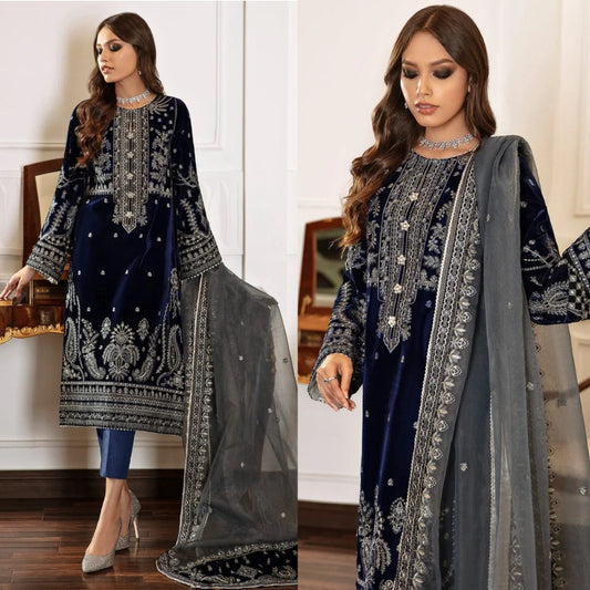 3PCS Velvet Embroidered Dress Velvet Winter Collection 971