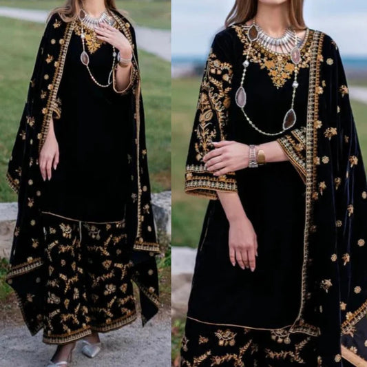 3PCS Embroidered Velvet 3-Piece Dress with Velvet Shawl Velvet Winter Collection 303