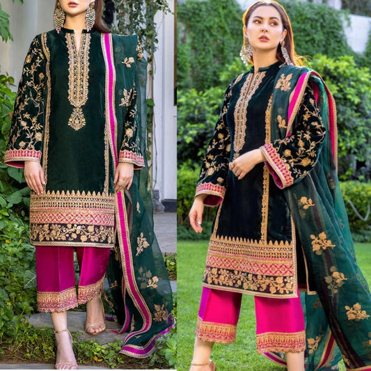 3PCS Embroidered Velvet Dress Velvet Winter Collection 736