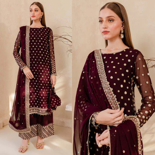 3PCS Embroidered Velvet Dress With Embroidered Organza Dupatta Velvet Winter Collection 960