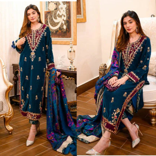 3PCS Embroidered Velvet Dress with Wool Shawl Velvet Winter Collection 101