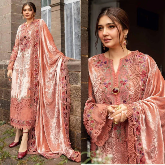 3PCS Embroidered Velvet Dress with Velvet Shawl Velvet Winter Collection 308