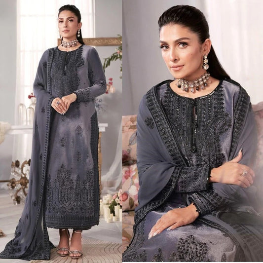 3PCS Embroidered Velvet Dress with Pure Chiffon Embroidered Dupatta Velvet Winter Collection 306