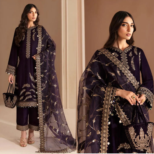 3PCS Embroidered Velvet Dress With Shamooz Silk Trouser Velvet Winter Collection 968
