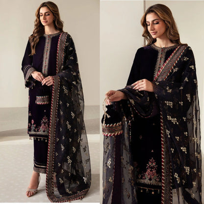 3PCS Embroidered Velvet Suit Embroidered Organza Dupatta Velvet Winter Collection 952