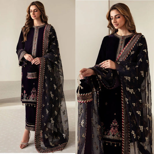 3PCS Embroidered Velvet Suit Embroidered Organza Dupatta Velvet Winter Collection 952