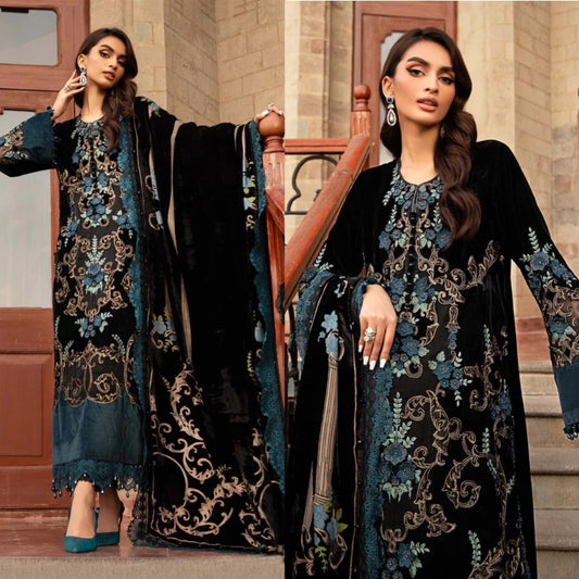 3PCS Embroidered Velvet Dress with Plachi Velvet Shawl Velvet Winter Collection 7003