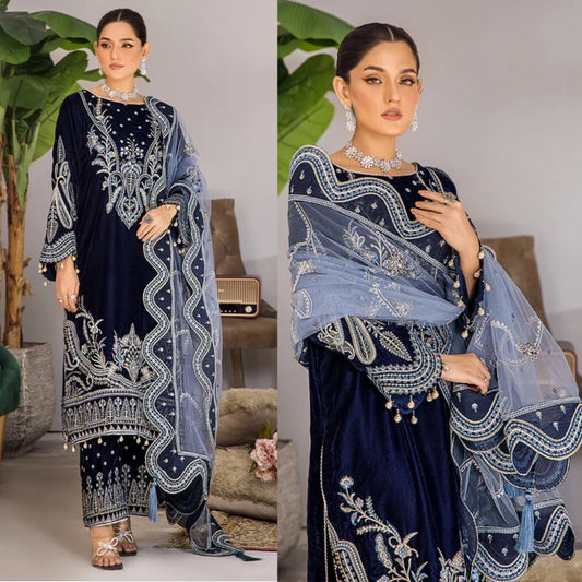 3PCS Embroidered Velvet Dress with Embroidered Dupatta Velvet Winter Collection 738