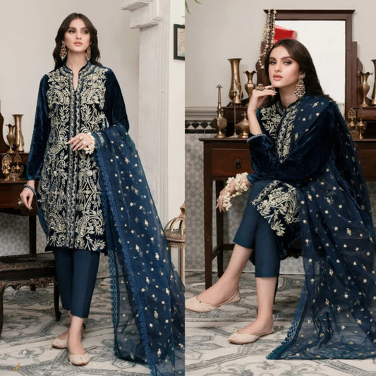 3PCS Embroidered Velvet 3-Piece Dress with Embroidered Organza Velvet Winter Collection 3055
