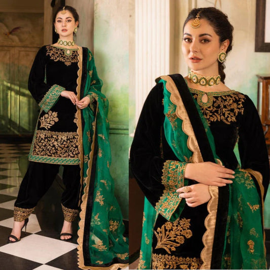 3PCS Embroidered Velvet Suit Embroidered Organza Dupatta Velvet Winter Collection 953