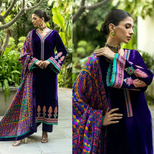 3PCS Embroidered Velvet Dress Velvet Winter Collection 975