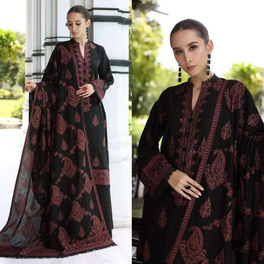 3PCS Dhanak Embroidered Shirt with Dhanak Embroidered Shawl Winter Collection ULM-225