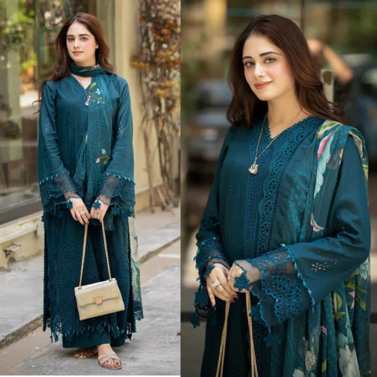 A+ 3PCS Dhanak-Embroidered Shirt with Digital Printed Wool Shawl Winter Collection ULM -3438