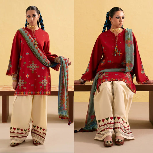 3PCS Dhanak Embroidered Shirt with Digital Printed Wool Shawl Winter Collection ULM-3437