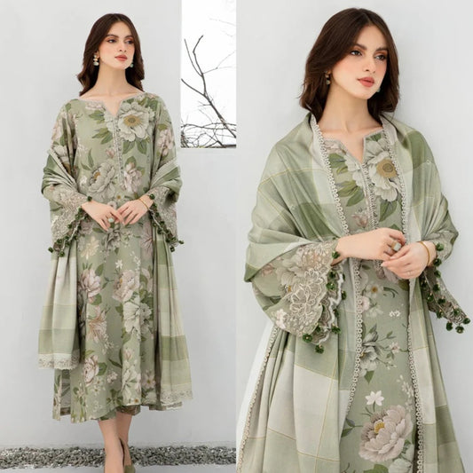 3PCS BAROQUE KARANDI PRINTED SHIRT WITH KARANDI PRINTED DUAPTTA AND TROUSER Winter Collection ULM-801
