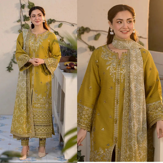 3PCS Dhanak- Embroidered Shirt with Digital Printed Wool Shawl Winter Collection ULM- 3289