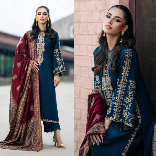 3PCS Dhanak-Embroidered Shirt with Digital Printed Wool Shawl Winter Collection BULM-262
