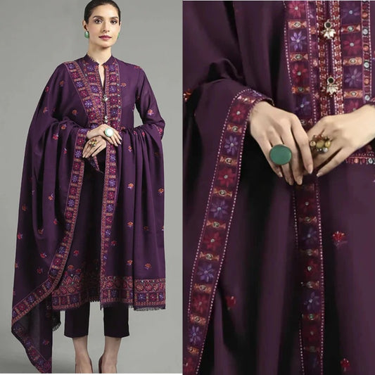 3PCS Dhanak  Embroidered Shirt with Dhanak Embroidered Shawl Winter Collection ULM-3446