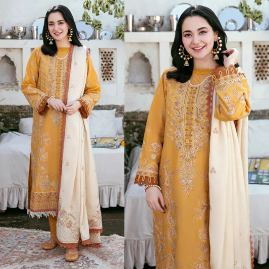3PCS Dhanak Embroidered Shirt with Dhanak Embroidered Dupatta Winter Collection ULM-3441