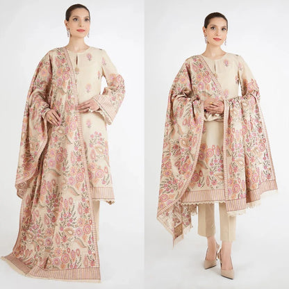 3PCS Dhanak  Embroidered Shirt with Dhanak Embroidered Shawl Winter Collection ULM-3399