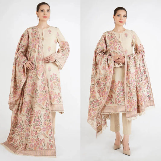 3PCS Dhanak  Embroidered Shirt with Dhanak Embroidered Shawl Winter Collection ULM-3399