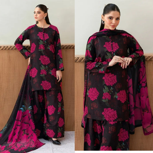 3PCS KARANDI PRINTED SHIRT WITH KARANDI PRINTED DUAPTTA AND TROUSER Winter Collection ULM-1711