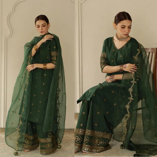 3PCS Dhanak-Embroidered Shirt with Organza Sequence Embroidered Dupatta Winter Collection ULM- 3444