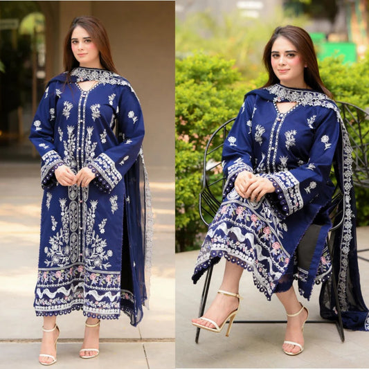 3PCS Dhanak Embroidered Shirt with Chiffon Embroidered Dupatta Winter Collection ULM-3460