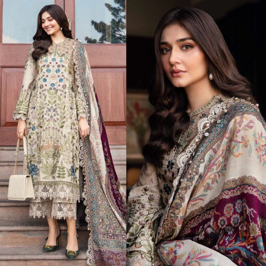 3PCS Dhanak-Embroidered Shirt with Digital Printed Wool Shawl Winter Collection ULM- 3391