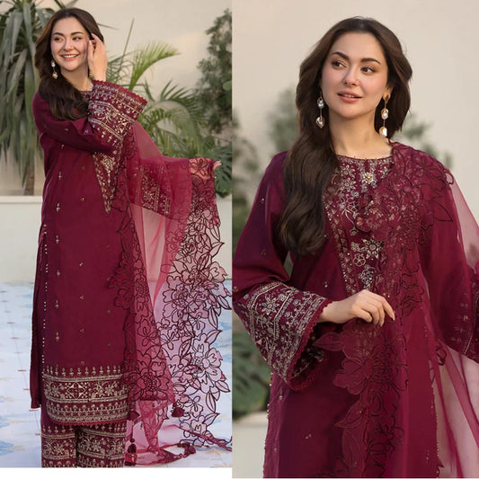 3PCS Dhanak- Embroidered Shirt with Organza Embroidered Dupatta Winter Collection ULM- 3285