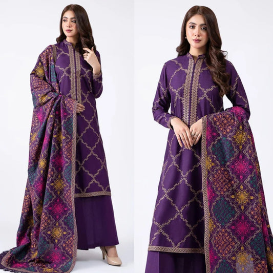 3PCS KAYSERIA DHANAK EMBROIDERED WITH DHANAK EMBROIDERED SHAWL Winter Collection ULM-102
