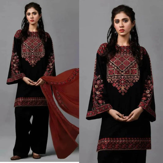 3PCS Linen Embroidered Shirt with Chiffon Embroidered Dupatta Winter Collection ULM-1009