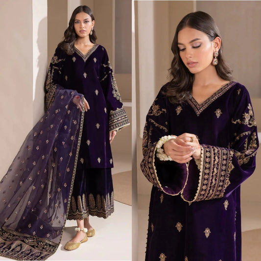 3PCS Velvet-Embroidered with Organza Embroidered Dupatta Winter Collection ULM-953