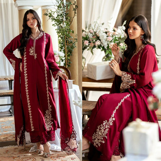 3PCS Dhanak Embroidered Shirt with Dhanak Embroidered Dupatta Winter Collection ULM-3431