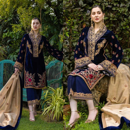 3PCS Velvet- Embroidered with Masoori Embroidered Dupatta Winter Collection ULM-954
