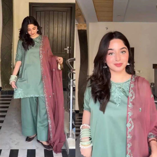 3PCS Dhanak-Embroidered Shirt with Chiffon Embroidered Dupatta Winter Collection ULM-3452