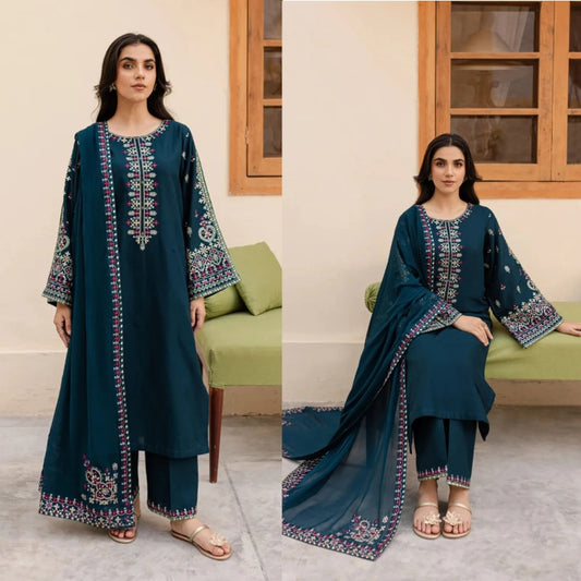 3PCS Dhanak  Embroidered Shirt with Chiffon Embroidered Dupatta Winter Collection BULM-3269