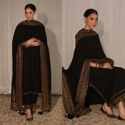 3PCS Dhanak Embroidered Shirt with Organza Sequins Embroidered Dupatta Winter Collection ULM- 3373