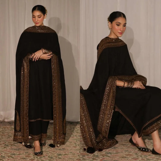3PCS Dhanak Embroidered Shirt with Organza Sequins Embroidered Dupatta Winter Collection ULM- 3373
