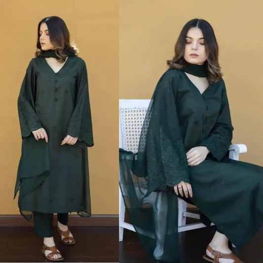 3PCS Dhanak Embroidered Shirt with Chiffon Plain Dyed Dupatta Winter Collection ULM-361