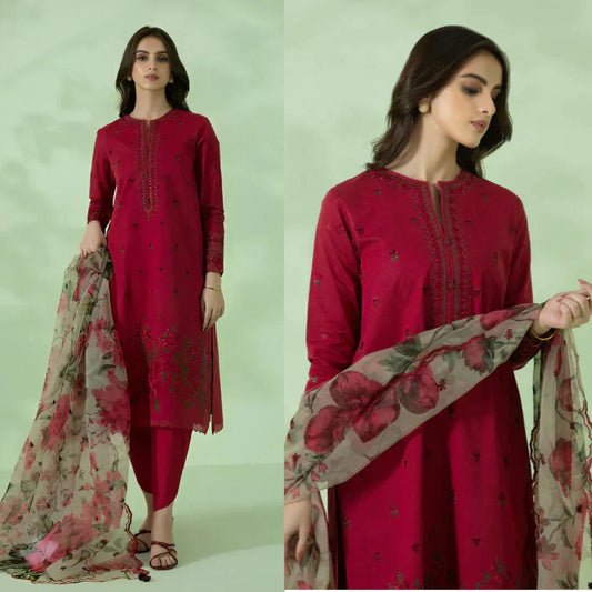 A+ 3PCS Dhanak-Embroidered Shirt with Organza Digital Printed Dupatta Winter Collection ULM- 3146