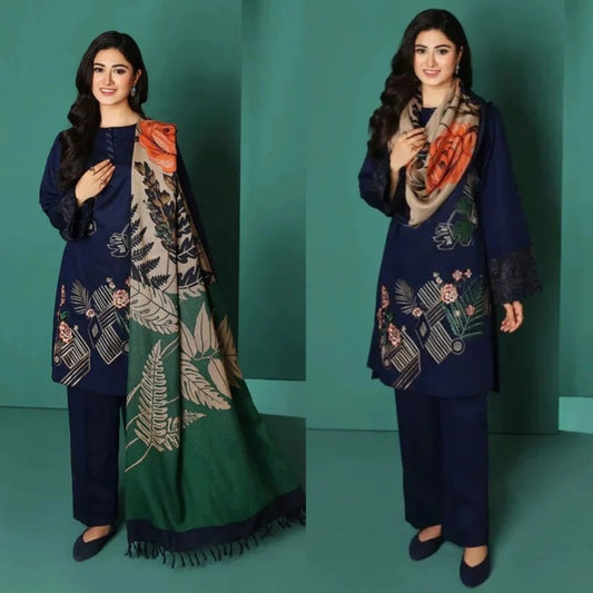 A+ 3PCS Dhanak-Embroidered Shirt with Digital Printed Wool Shawl Winter Collection ULM- 3208
