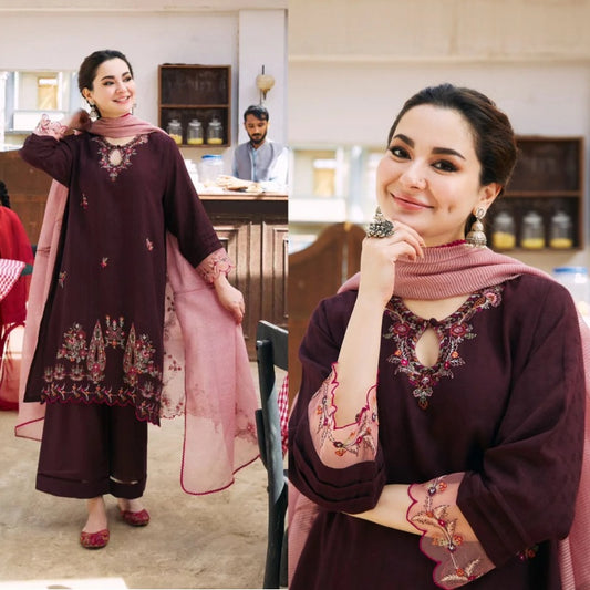A+ 3PCS Dhanak-Embroidered Shirt with Organza Embroidered Dupatta Winter Collection ULM- 3420