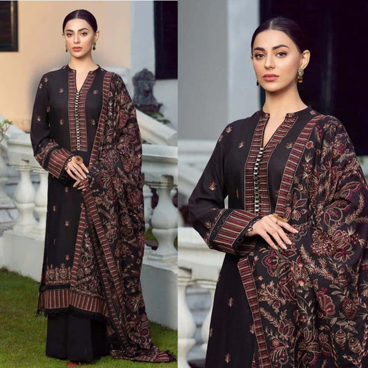 3PCS Dhanak Embroidered Shirt with Dhanak Embroidered Shawl Winter Collection ULM- 580
