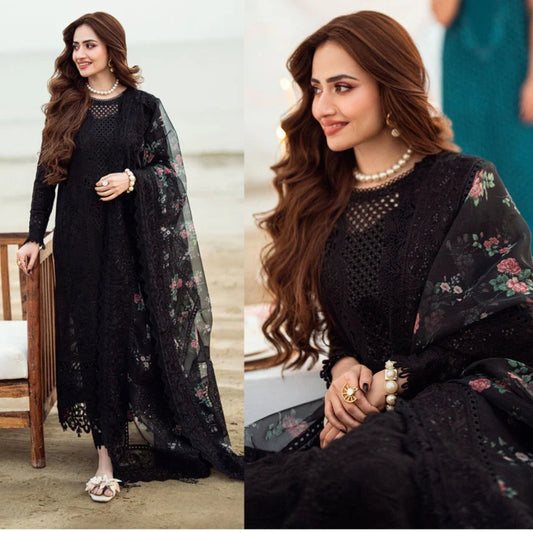 3PCS Dhanak-Embroidered Shirt with Organza Digital Printed Dupatta Winter Collection ULM- 3309