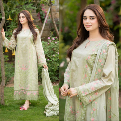 3PCS Dhanak Embroidered Shirt with Organza Embroidered Dupatta Winter Collection ULM- 3386